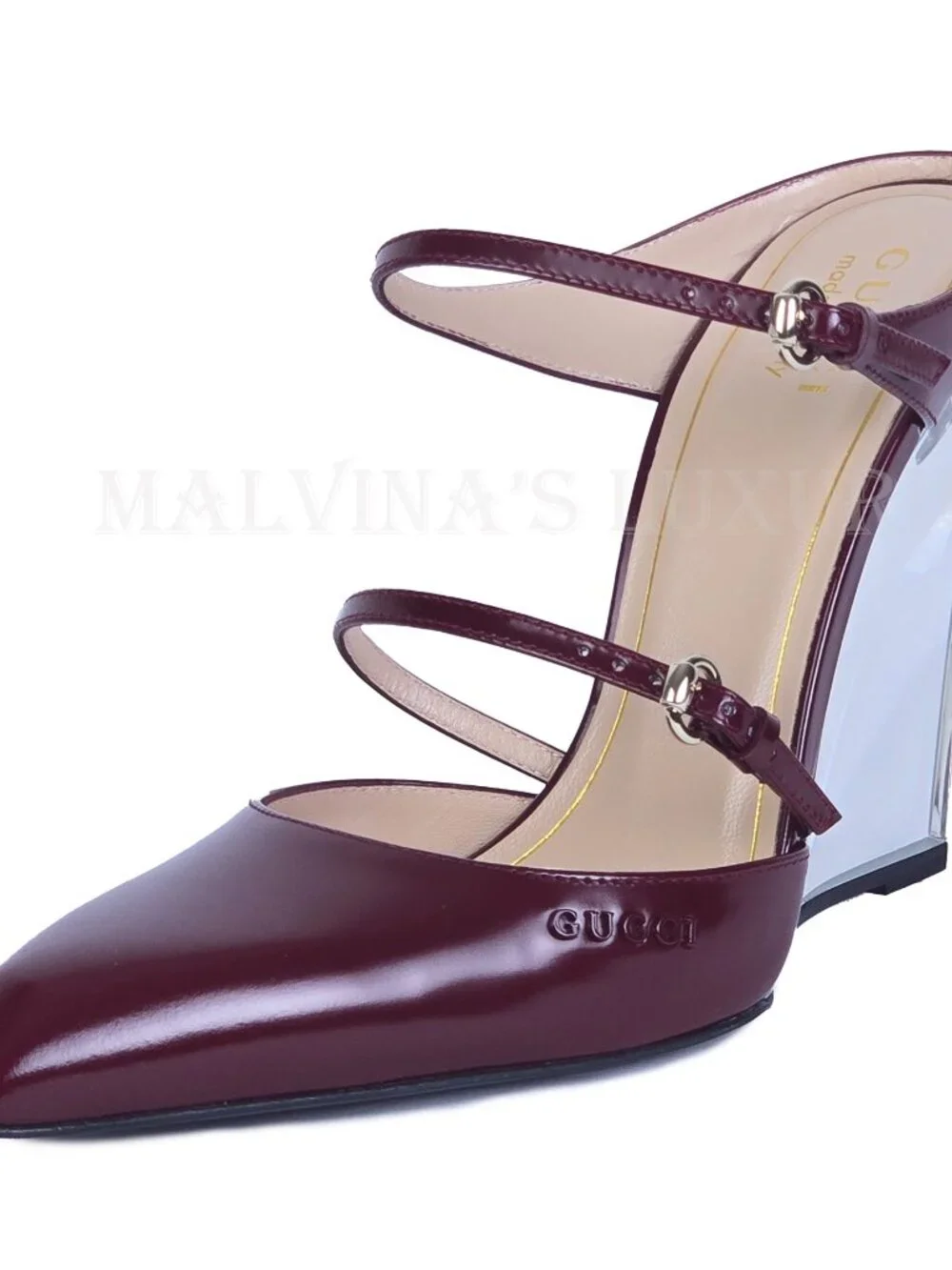GUCCI SHOES LEATHER w LUCITE WEDGE MULES LOGO EMBOSSED  sz 38 8